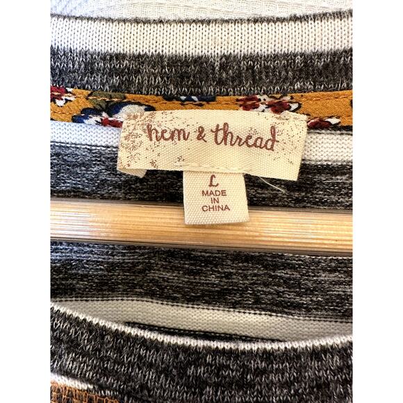 Hem & Thread Striped Pullover Knit Top Sz L with Boho Floral Side Ties Bohemian - Picture 5 of 6